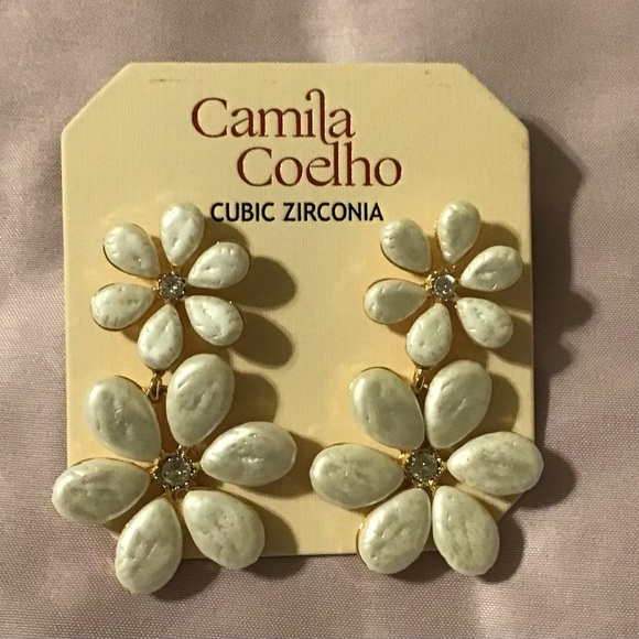 Camila Coelho Jewelry - Camila Coelho White Floral Double Drop Earrings with Cubic Zirconia